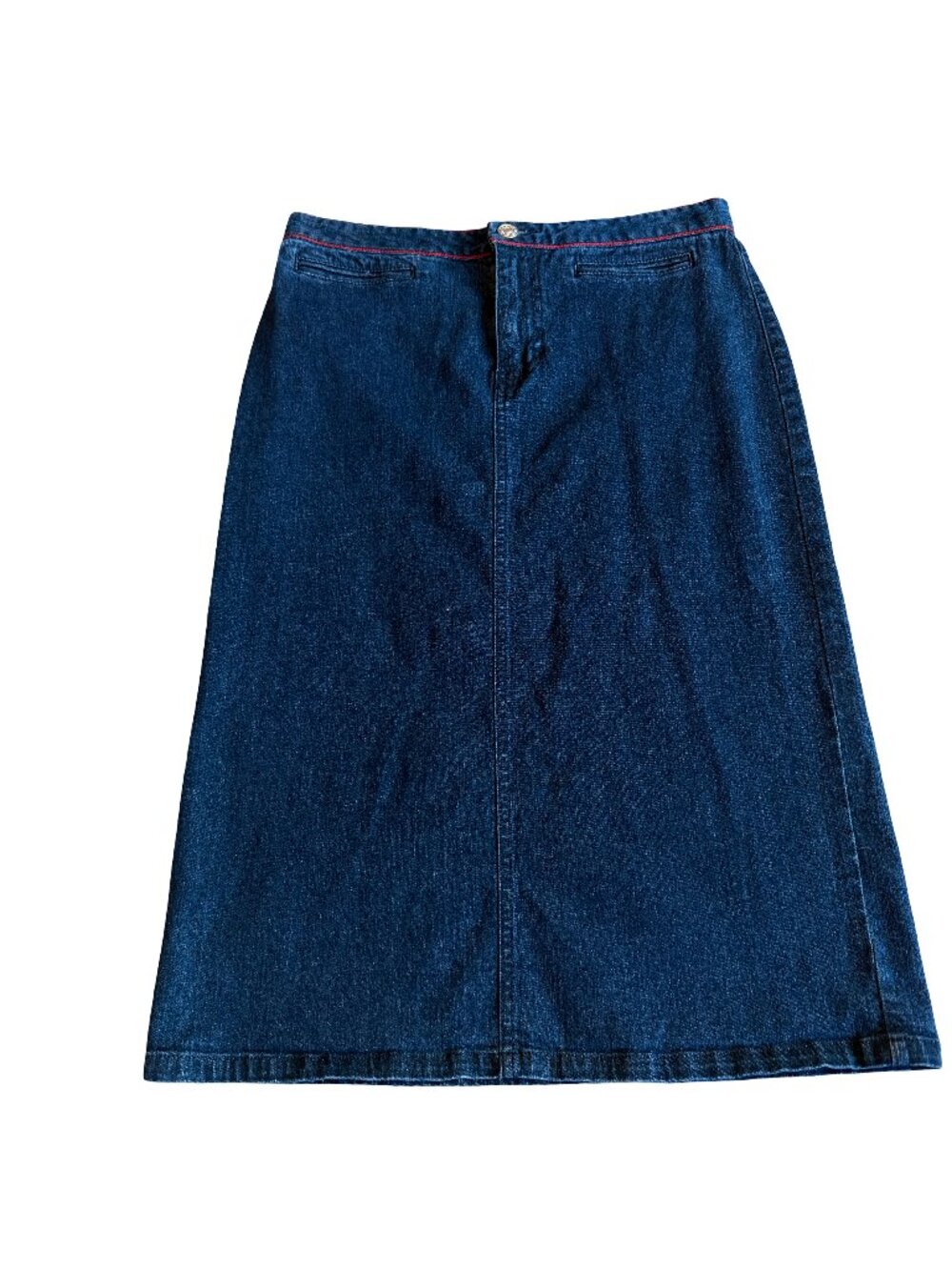 Tommy Hilfiger Jeans Dark Wash A Line Long Skirt Red Trim Slit Size 4 Women's